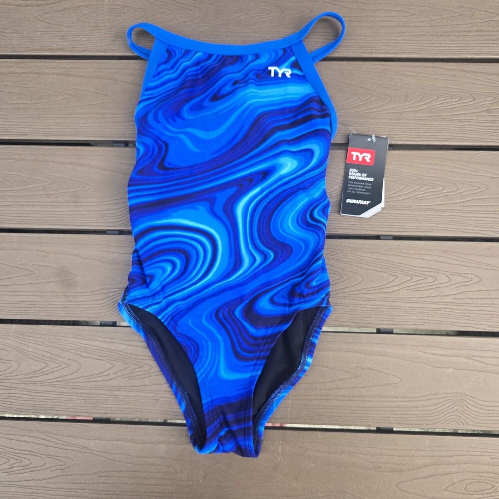 TYR Youth Girl's Durafast Elite Blue Vitality Diamondfit 1 Piece Swim Sz 24 New